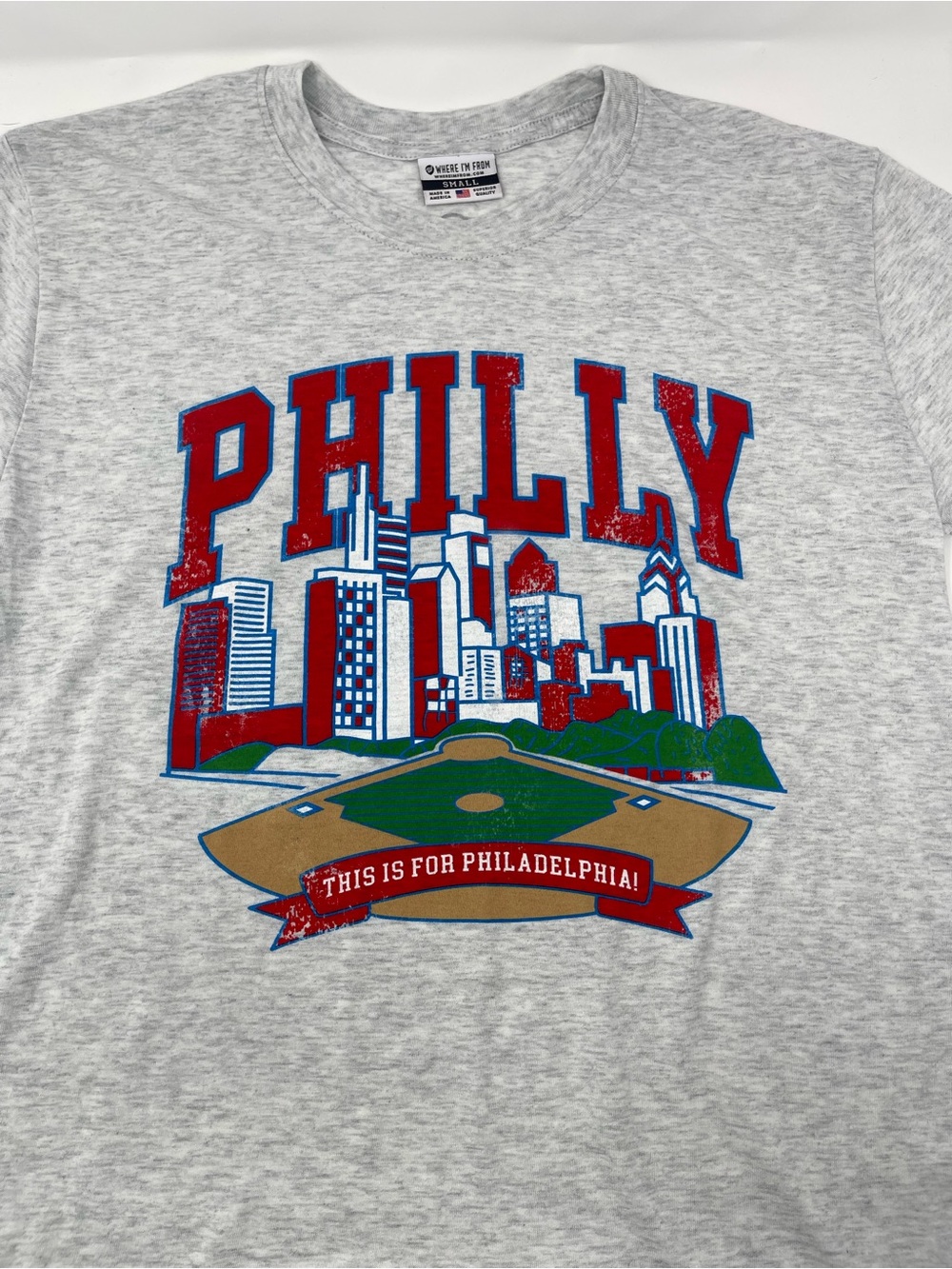 PHILLY Skyline men’s Tee - Gray with Red & Blue Graphic